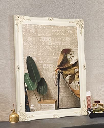 H-A Espejo de pared rústico para baño, espejos de tocador blancos para decoración de pared, espejo ornamentado antiguo para sala de estar, dormitorio, pasillo, 32 x 24 pulgadas