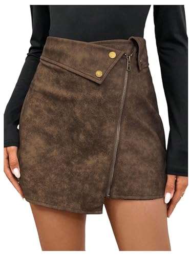 Floerns Women's Vintage Leather Skirts Zip Up High Waist Asymmetrical Hem Mini Skirts