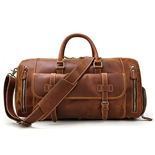 Travel Bag with Shoe Pocket 20 inch Big Capacity Real Leather Weekend Bag Large Messenger Bag (Color : Brown Size : 52x25cm)