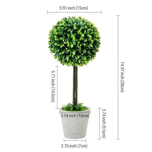 MyGift 15 Inch Artificial Boxwood Topiary Tree - 2 Pack Potted Faux Plant Balls in Gray Pulp Planter, Tabletop Home Décor - Image 3
