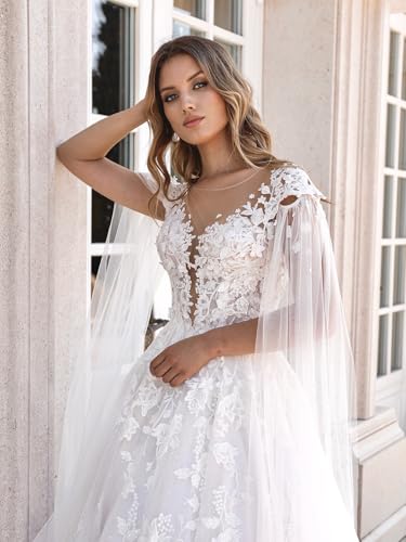 Floral Laces Tulle Wedding Dresses for Bride 2025 Appliques Wedding Gowns with Long Cape LU1334