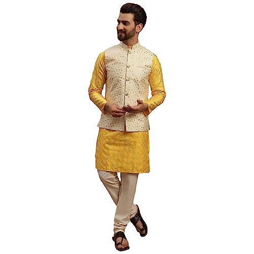 Sojanya (Since 1958 Men's Silk Blend Mustard Kurta And Cream Pyjama With Cream Embroidery Nehru Jacket