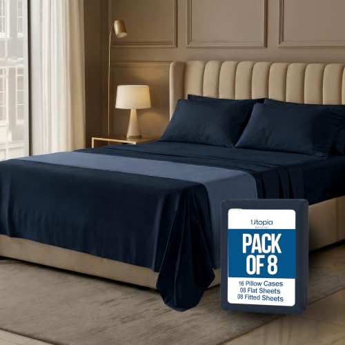 Image of 10-Pack King Size Hotel Sheet Set, Soft Brushed Microfiber Commercial Sheets, Resort Quality Bedding, Deep Pocket, Shrink & Fade Resistant, Easy Care, Navy