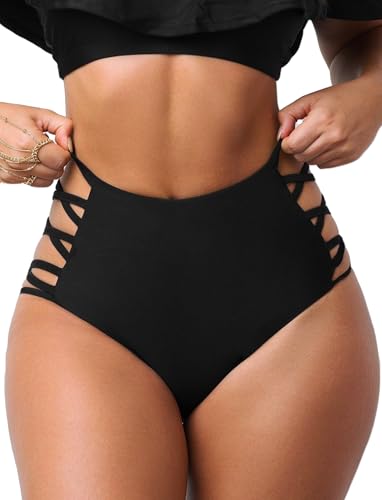 High Waisted Bikini Bottoms for Women Tummy Control Retro Black Full Coverage Strappy Bathing Suit Bottoms