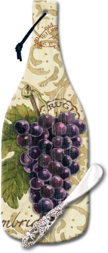 CounterArt Vista Grapes Wine Bottle Shaped 12-1/2 Inch Glass Cheese Board with Spreader Knife