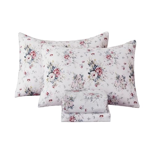 Image of FADFAY Rose Sheets Set King Pink and Blue Floral Bedding Rustic Botanical Flower Bed Sheet Set, Soft & Breathable Muslin All-Season Sheets