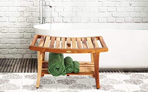 Ecodecors Harmony Teak Shower Bench 30" Long Natural Wood Shower Bench With Shelf And Liftaide Arms Shower Stool In Earthy Teak Finish For Indoors And Outdoors #TOP7