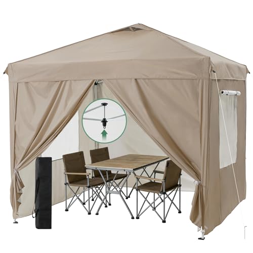 FLOUREE タープテント 3m×3m ワンタッチタープ 折りたたみ サイドシート4面 着脱式 メッシュ窓 通気トップ UVカット 防水 高さ3段調節 アウトドア 車用 キャンプ 庭，ベージュ