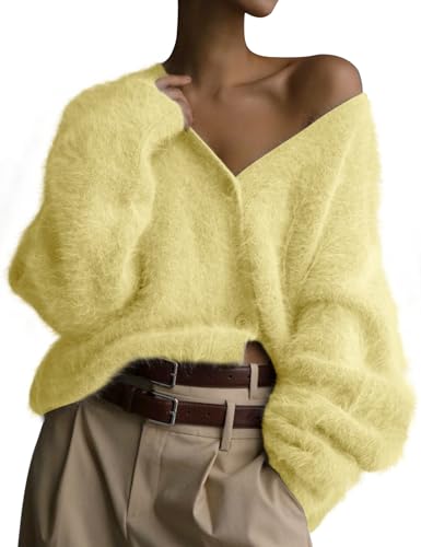 Image of COZYPOIN Womens Fuzzy Cardigan Sweater V Neck Button Down Soft Knit Coat | Loose, Comfy, Slouchy Drop Shoulder, Long Sleeve Fluffy Mohair, Warm, For Daily Work Holiday, Spring Fall Winter Fashion