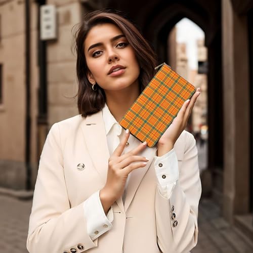 Leather Thin Slim Wallets for Women & Men - Retro Bright Orange Plaid Print Card Wallet Holder with Zipper 6
