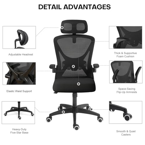 Panana Office Chair Mesh Back Ergonomic Desk Chair with Flip-up Armrest Executive Swivel Computer Chair (High Back All Black) - Image 5