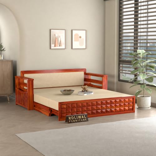 Image of Solid Sheesham Wood Sofa Cums Bed with Mattress & Storage | Rosewood Convertible Sofa Bed for Living Room & Bedroom (D-Honey, 3 Seater)