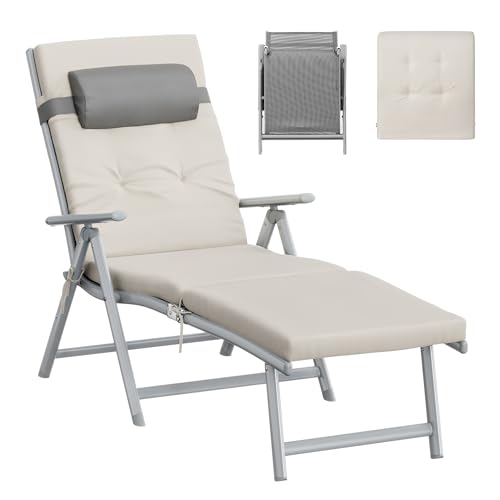 SONGMICS Tumbona Plegable con Cojín de 6 cm de Grosor, Reposacabezas Desmontable, Transpirable, Respaldo Ajustable, Soporta hasta 150 kg, Beige Arena GCB024WZ02