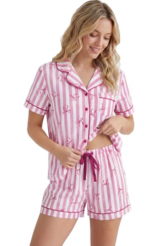 Image of LUBOT 100% Cotton Pajamas for Women 2 Piece PJ Set Button-Down Soft Knit Short Sleeve Summer Sleepwear Loungewear XS-XXL