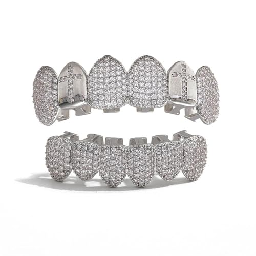 Grillz de plata con cruz hip hop de dientes para disfraz rapero