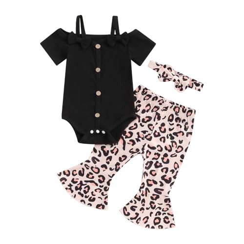 Image of fhutpw Newborn Baby Girl Clothes Infant Rib Frill Long Sleeve Romper Flared Pants Headband Set 3pcs Fall Winter Outfits