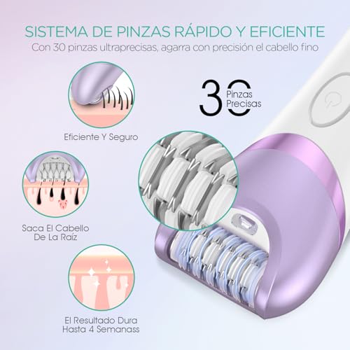 VOYOR Depiladora Electrica Mujer, Maquina Depilar Mujer 3 en 1, Depiladora Recargable e Inalámbrica para Pierna Brazo con 30 Pinzas, Depiladora Elétrica para Mulher BM300 (Morado) - imagen 3