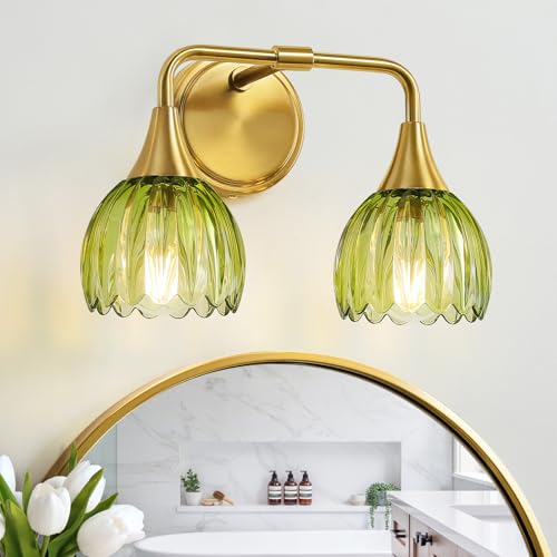 Image of Bathroom Vanity Light Fixtures: 2-Lights Vintage Bathroom Lights Over Mirror with Ribbed Green Tulip Glass Shade - 14 inch Brushed Gold Wall Sconce Bath Lighting