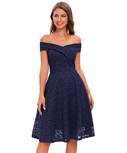 Bright Deer Robe de Soirée Mariage Mi-Longue en Dentelle Style Bardot à Épaules Nues Femme Retro Vintage Chic Tenue de Cocktail Cérémonie Skater 46 XL Bleu