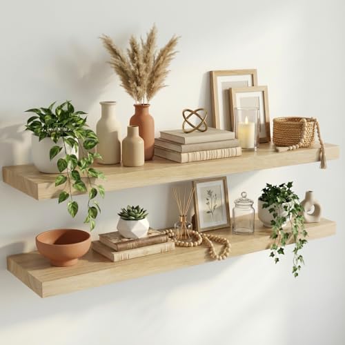 Image of IAE Floating Wall Shelves 36 inch,Bathroom Shelf Wall Mounted,Invisible Shelves Floating Kitchen Shelving,Wooden wall Shelving with Brackets for Living Room wall Mounted,Easy Install,Set of 2,Natural