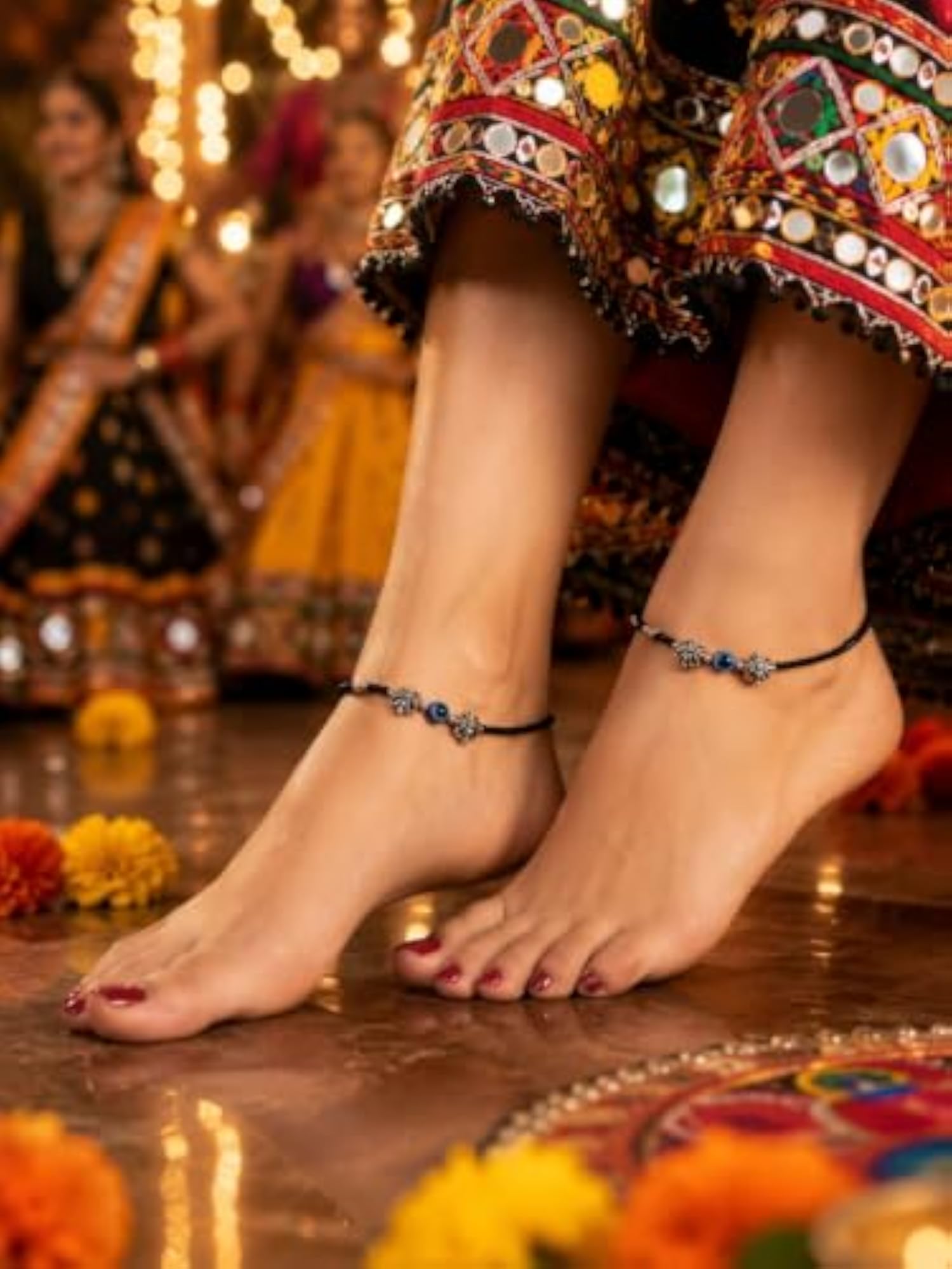 Evil Eye Black Bead Anklet Pair with Oxidized Silver Flower Charms