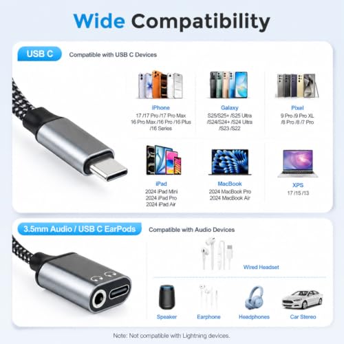 Image of Verilux USB C to 3.5mm Adapter 3 in1 with Charging and DAC Audio