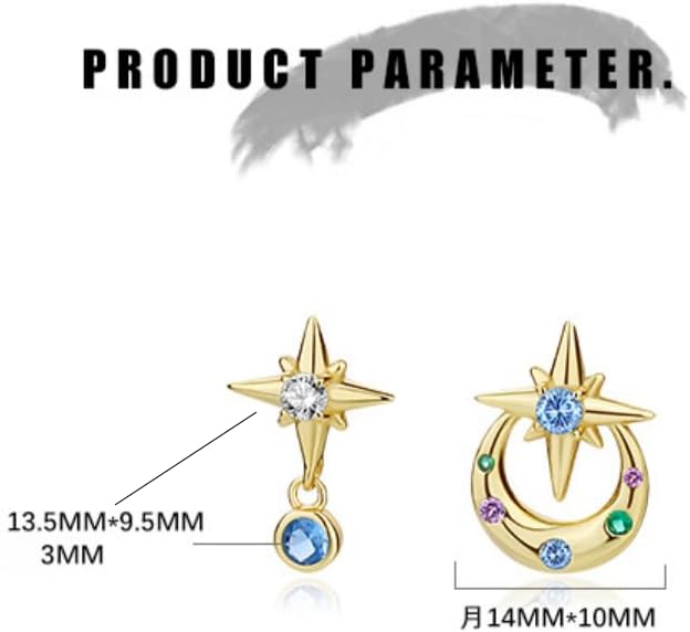 Moon Star Earrings Studs, 925 Sterling Silver Zirconia Earrings Dainty Moon Studs Earrings Star Drop For Women asymmetric Retro - Image 5