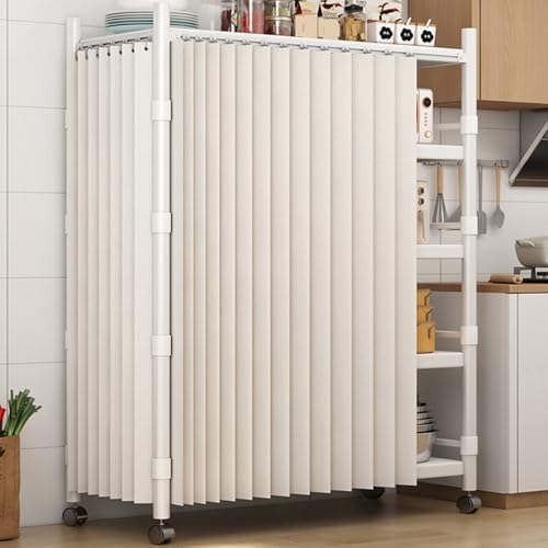 Beige Cabinet Curtains for Shelves, Dust-Proof Closet Curtain with Sliding Rail, Privacy Curtain for Kitchen, Wardrobe, Pantry & Laundry Room (80cm Track x H 120cm)