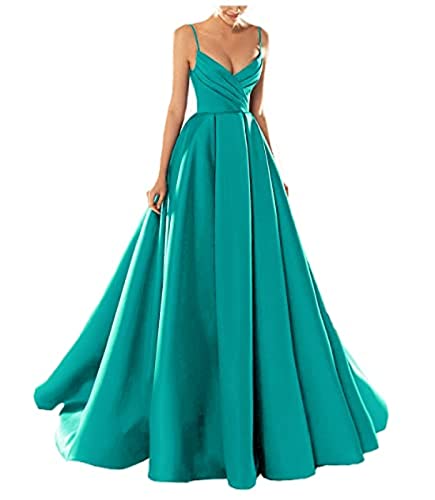 yhfshop Robe de Demoiselle d'honneur Soirée,Robe de soirée Sexy en Satin à Bretelles Spaghetti et col en V,Turquoise,US20w,Classique Robe de Soirée Longue Femme