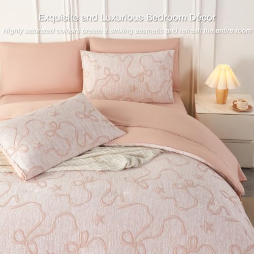 Image of PERFEMET Blush Pink Twin Comforter Set, 5 Pieces Cute Bow Jacquard Girls Bedding Twin Bed in a Bag, Soft All Season Vintage Embossed Bowknot Bedding Comforter Set Boho Bedroom Sets