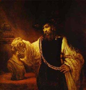 Peinture à l'huile Aristote par Rembrandt pour sublimer un grand salon moderne