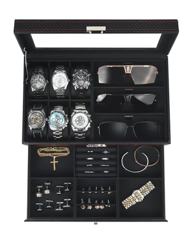 Kukikan Watch Jewelry Box Organizer, 6-Slot 2-Layer Watch Case and Sunglasses Storage with Large...