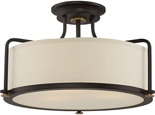 Quoizel Rigel Semi-Flush Mount Ceiling Light Fixture, 18 Inch 3-Light 100W Western Bronze Hanging Light with Beige Fabric & Frosted Glass Shade for Hallway, Kitchen, Bedroom, Living Room or Office