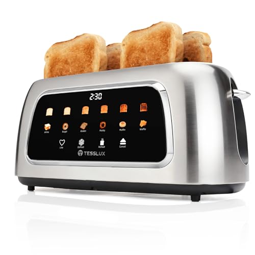 Tesslux 4 Slice Toaster with Touch Screen Control, 1.5' Wide Long Slots, 6 Browning Levels & 6 Bread Types, Digital Timer, Memory, Defrost, Reheat (SILVERY)