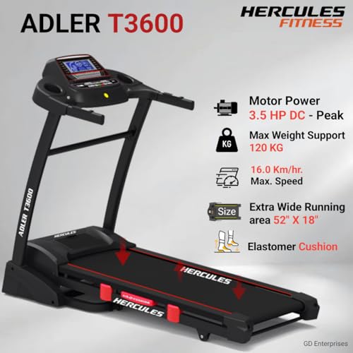 Image of Hercules Fitness T3600 3.5 HP Peak DC Motorized Foldable Treadmill | 15 Level Auto Incline | MP3 Player Available | Max Speed 16 Km /Hr | Max User Weight 120 Kg