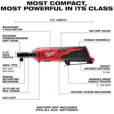 Milwaukee 2457-20 M12 Cordless 3/8 Sub-Compact 35 ft-Lbs 250 RPM Ratchet w/ Variable Speed Trigger