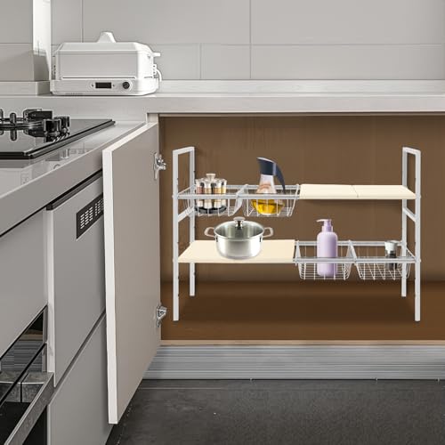 Organizador Bajo Fregadero 2 Niveles Ajustable 20.9-34.6 Pulgadas, Estante de Acero Inoxidable con 4 Canastas, Blanco Crema miniatura 3