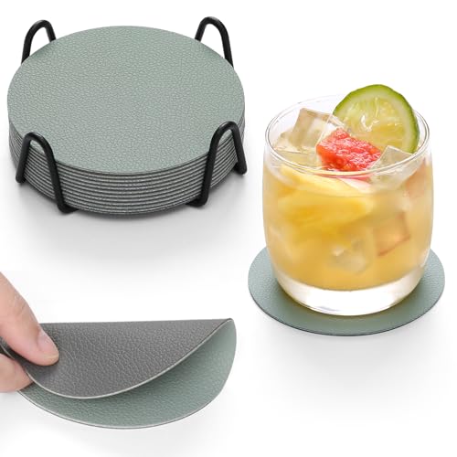 Chitomars Set di sottobicchieri antiscivolo double face, lavabili, isola e protegge i mobili per servire caffè in casa o in bar (grigio salvia, rotondo)