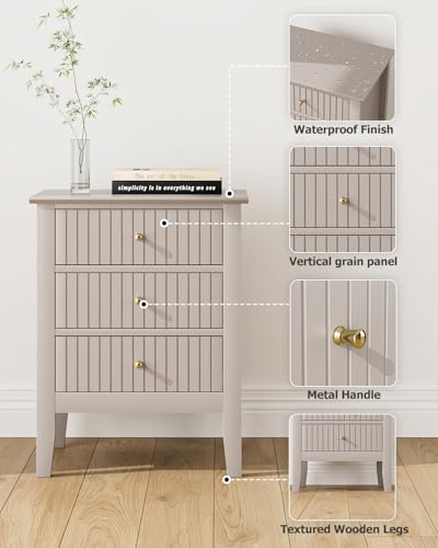 Image of Night Stand, Fluted Nightstand Bedside Tall Farmhouse Nightstand with 3 Drawers, Mid Century Modern Side Accent Table,Bedside End Table for Bedroom, Living Room, Khaki