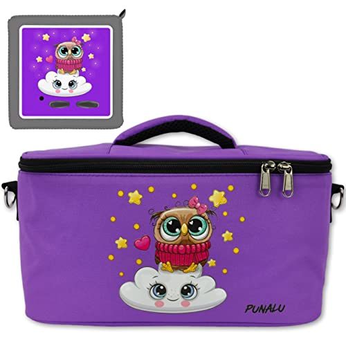 PUNALU Tasche für Toniebox inkl. Schutzfolie passend für Toniebox, Platz für 30 Tonies, Ladegerät und Kopfhörer, Set Toniebox Tasche + Toniebox Aufkleber (lila Eule auf Wolke)