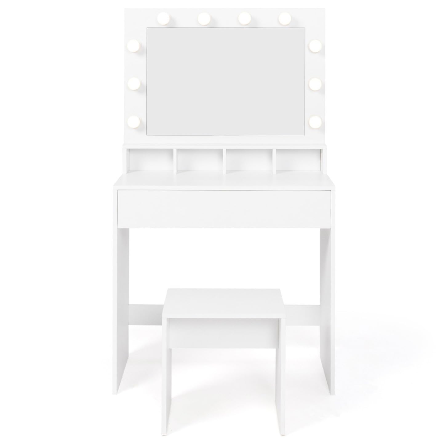 IDMarket - Coiffeuse Zelia Miroir LED avec 4 niches, 1 tiroir et Tabouret