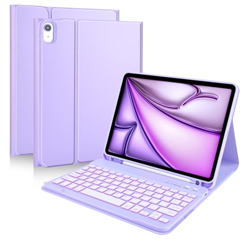 MMK for iPad Air 11 Inch Case Keyboard (M3 2025 / M2 2024) & iPad Pro 11 Inch Case (1st Gen 2018), 7 Colors Backlit Bluetooth Keyboard Cover with Pencil Holder for 10.9” iPad Air 4th/5th Gen-Purple