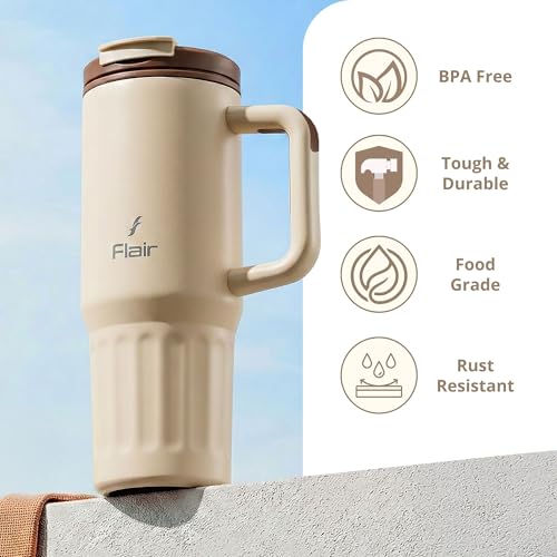 Image of FLAIR Vogue Vacuum Insulated Stainless Steel 750 ml Tumbler with Handle | 2-in-1 Lid with Flip Straw & Sip Spout -Beige | Hot & Cold Beverage Mug | Leak Resistant