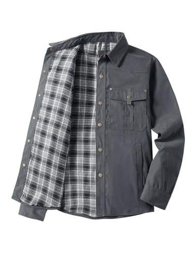 Haellun Men's Flannel Lined Shacket Long Sleeve Plaid Western Cowboy Snap Button Down Shirts Jackets with Pockets2