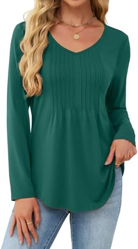 JUSTFASHIONNOW Long Sleeve Shirts for Women Dressy Casual Blouses Fall Tops Pleated V Neck Tunic Tops to Wear with Leggings