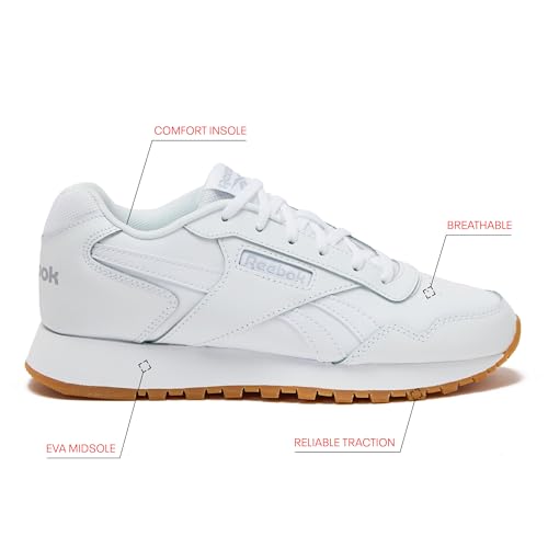 Reebok Glide Sneakers for Women - Black or White Tennis Shoes Size 5 to 11, White/Cold Grey/Gum, 8.5