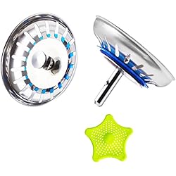 Desague Fregadero No Traga Tapón Fregadero de Cocina, CompraFun Filtro de Fregadero Universal de Acero Inoxidable Ø80 mm Engrosado de Doble Capa, Tapón para desagüe Fregadero (2pcs), con Filtro de Silicona (1pcs)