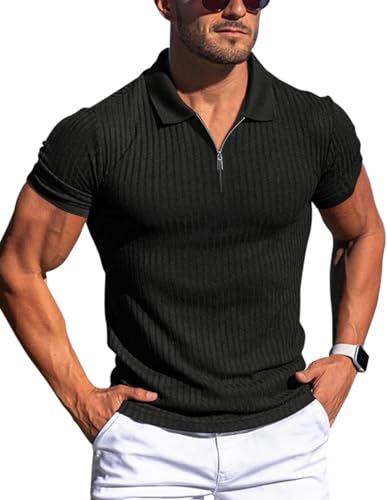 Gnvviwl Zipper Muscle Polo Shirts for Men Slim Fit Short Sleeve