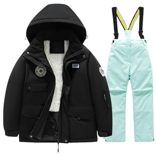 Boys Girls Winter Ski Jacket & Pants Set 2-Piece Snowsuit, Children's Hoodie Down Coat Ski Jacket & Bib Pants Ski Suit