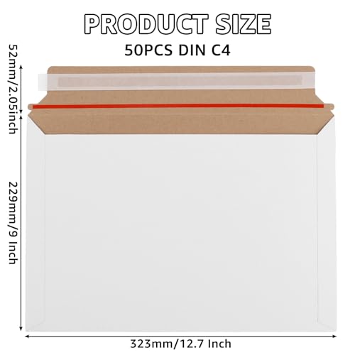ZOFUN 50 DIN A4 Versandtaschen aus Karton, A4 Umschläge, 229 x 324 mm Briefumschläge A4 aus Karton Vollpappe, Kartonkuverts Vollpapptaschen für Broschüren Fotos Bilder Wandkalender, 229x 323 mm（Weiße）